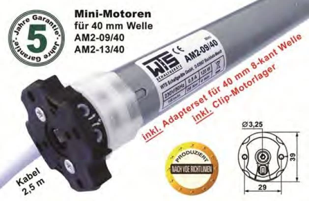 WTS Rohrmotor Serie AM2 Mini mit mechanischer Endabschaltung für Wickelwellen  Ø 35 mm