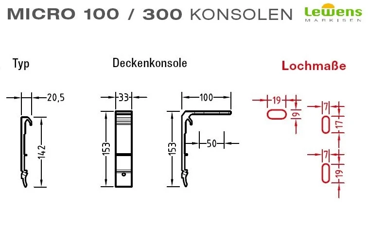 Deckenkonsole, Deckenhalter für Lewens Micro 100 und 300 Senkrechtmarkise,