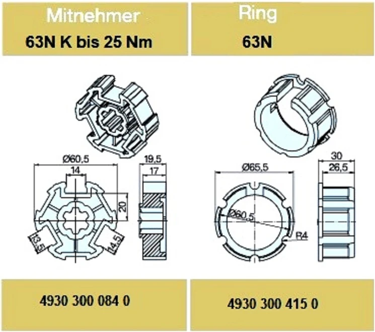 Adapterset für Nutwelle 63NK bis 25 Nm für Rohrmotoren Becker Baureihe R Serie