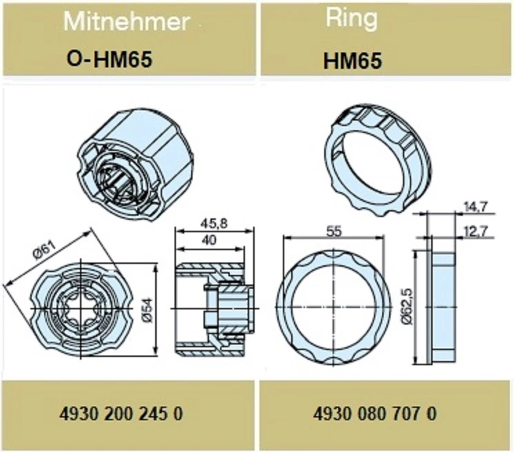 Adapterset für Profilwelle O-HM65, für Rohrmotoren Becker Baureihe P und R Serie mit Hinderniserkennung 