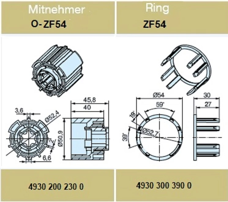 Adapterset für Profilwelle O-ZF54  für Rohrmotoren Becker Baureihe P und R Serie mit  Hinderniserkennung
