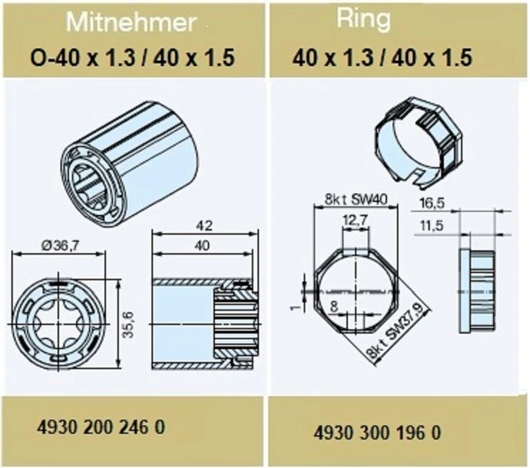 Adapterset für Rundwelle O-40 x 1,3 / 40 x 1,5 ,für Becker Rohrmotoren P Serie mit Hinderniserkennung
