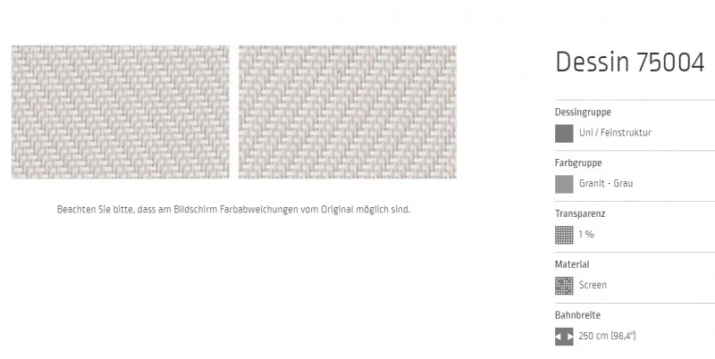 Markisentuch Screen-Gewebe, Granit - Grau, Transparenz 1 Prozent, Stoff-Nr. 75004