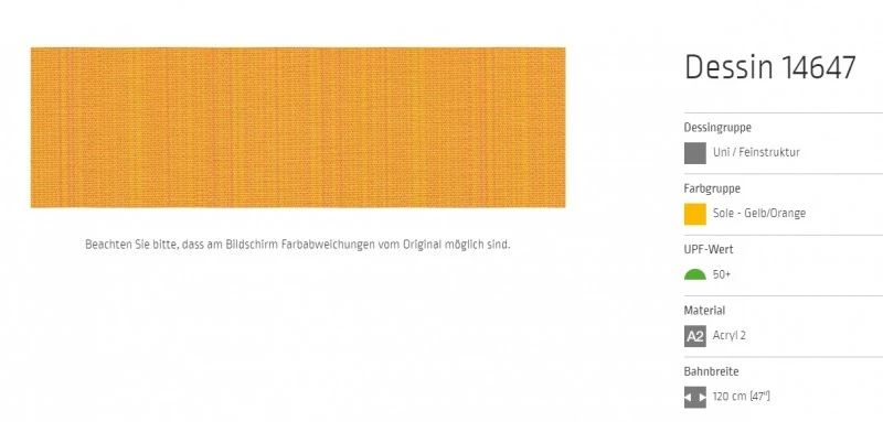 Markisentuch Uni - Feinstruktur, Soul - Gelb Orange UPF 50+, Acryl 2, Stoff-Nr. 14647