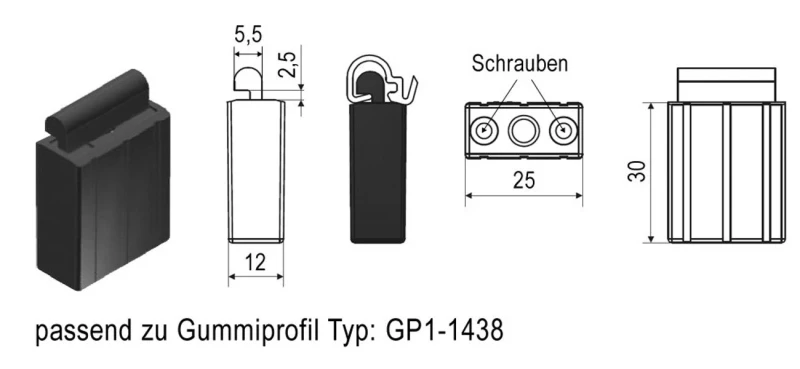 WTS -Auflaufstopper, 25x12x30 mm, mit Profil-Nut 5,5mm, inklusive 2 Schrauben passend zu Gummiprofil GP1